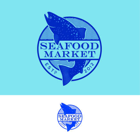 Seafood emblem. Blue silhouette of salmon fish in round sign. Emblem for seafood market or restaurant, fresh fish and seafood, fast delivery.のイラスト素材