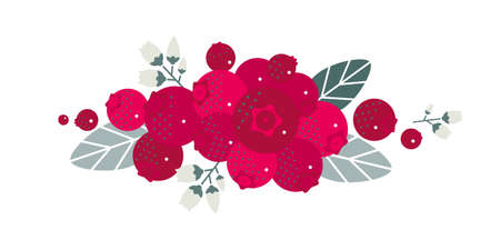 Lingonberry fruits. Flat illustration. Ripe berries, leaves and flowers.のイラスト素材