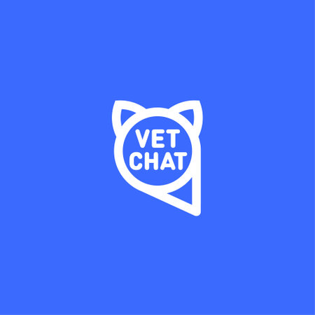 Pets chat logo. Pet veterinarian chat on a blue background. White linear logo like a bubble with cat ears.のイラスト素材