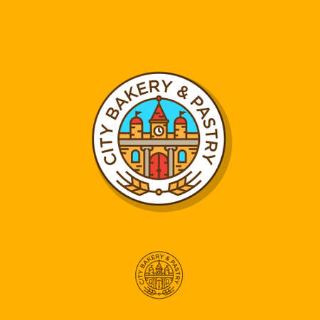 Bakery logo. Pastry logo. The building and ears are a round emblem. Towers, clocks, roofs and gates.のイラスト素材