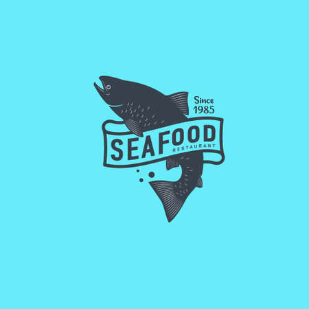 Fish and seafood logo. Seafood restaurant. Salmon and ribbon with letters on azure background.のイラスト素材
