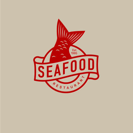 Fish tail logo. Seafood restaurant. Fish Tail and letters on a circle. Red Label. Isolated on a craft paper background.のイラスト素材