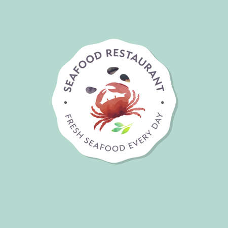 Seafood restaurant and market logo. Red crab, shells watercolor illustration.のイラスト素材