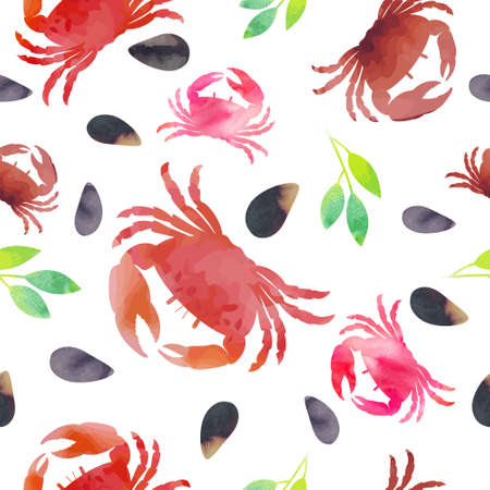 Seamless pattern seafood. Red crab, shells, leaves watercolor illustration. Seafood illustration.のイラスト素材