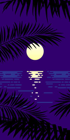 Landscape with Moon sea and palm leaves. Flat illustration.のイラスト素材