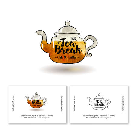 Tea break logo. Cafe and tea bar emblem. Identity. Business card. Glassy teapot with tea and letters.のイラスト素材