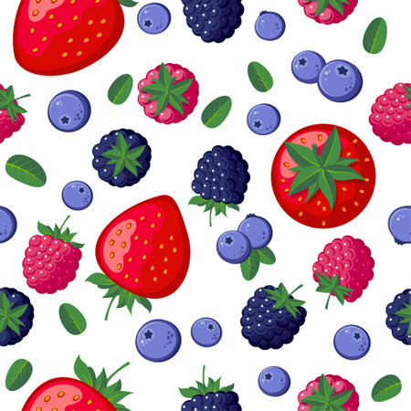 Seamless pattern blackberry, blueberry, strawberry, raspberry on white background.のイラスト素材