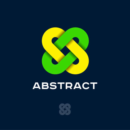 Abstract icon. Flat logo for business, industry or pharmacy. Green and yellow crossed elements on a dark background.のイラスト素材