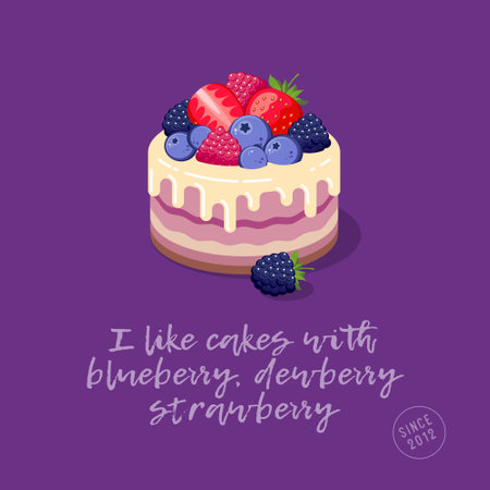 Cakes illustration. A beautiful cake with berries, cream, and syrup with blueberry, dewberry, strawberry, raspberry, cream, syrup. Cake and text on a bright background. Poster or postcard.のイラスト素材