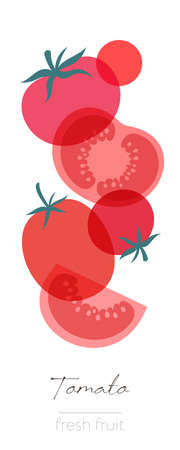 Tomato fruits. Flat illustration. Beautiful transparent whole and cut tomatoes. Emblem for beauty product, label, packaging for organic products, health nutrition.のイラスト素材