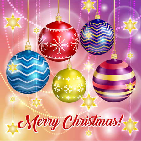 Merry Christmas and Happy New year card. Christmas decoration. Snowflakes, lights, stars and color glass balls.のイラスト素材