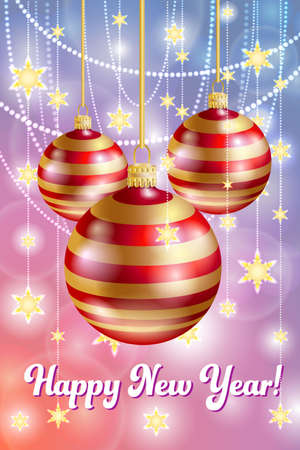 Merry Christmas and Happy New year card. Christmas decor. Snowflakes, lights, stars and red glass balls.のイラスト素材