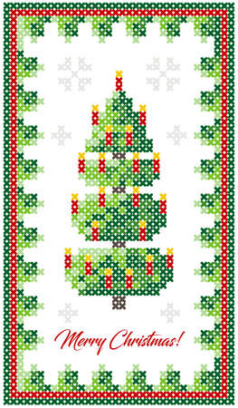 Merry Christmas greeting card, Happy New Year illustration. Christmas tree with decor, like cross-stitch. Christmas pattern. Scheme for needlework.のイラスト素材