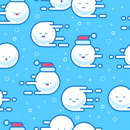 Kawaii Snowballs and snowflakes. Emoji icon. New year post card. Snowballs are flying on a light background.のイラスト素材