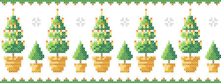 Merry Christmas greeting card, Happy New Year illustration. Flower pots with Christmas trees with snowflakes and decorative webbing / frieze. Scheme for needlework.のイラスト素材