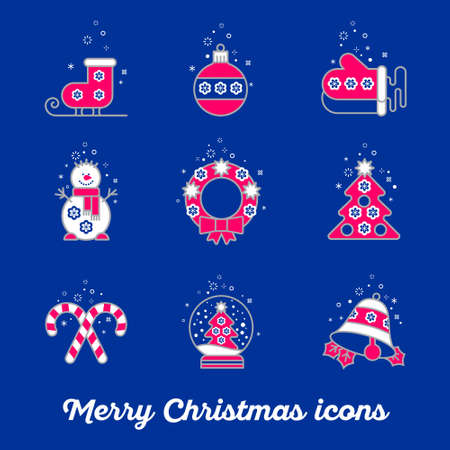 Merry Christmas icons. Icon set: Snowman, Skates, Mittens, Wreath, Ball, Bell Snowball, Sweets, Christmas Tree on a blue background. New Year Card.のイラスト素材
