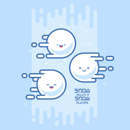 Kawaii Snowballs and snowflakes. Emoji icon. New year post card. Snowballs are flying on a light background.のイラスト素材