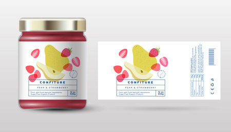 Pear and strawberry configuration. sweet jam. Transparent slices, halves and cut fruits. Label and packaging simple design.のイラスト素材