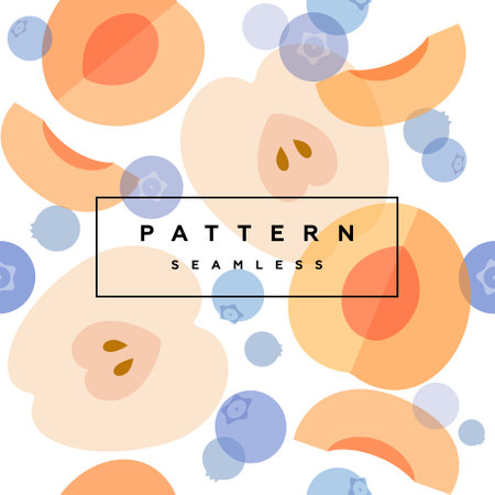 Apricot, apple and blueberry seamless pattern. Transparent fruits and frame with text is on separate layer. Label and packaging simple design. fruit background.のイラスト素材