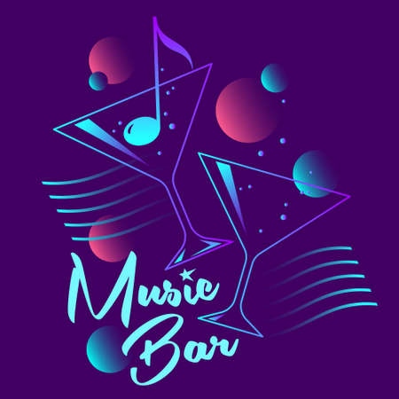 Music bar emblem. Glasses with a cocktail. Olive fruit as a musical note in a cocktail glass.のイラスト素材