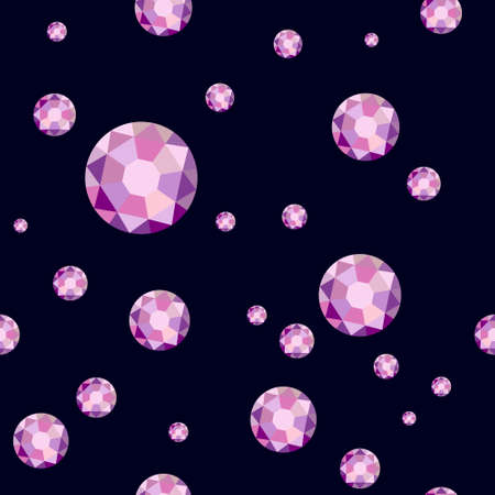 Pink crystals seamless pattern. Large and small faceted gemstones on a dark background.のイラスト素材