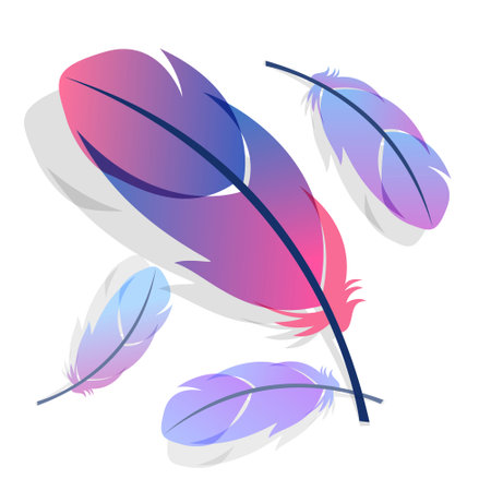 bird feathers. Pink-blue feathers of different sizes with shadows. Soft icon, lightness symbol. Illustration for decorations, beauty, linen, bedding.のイラスト素材