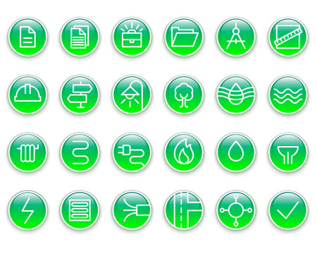 Construction icons set. Green round push buttons. Sewerage, electricity, roads, landscaping, gas pipeline, water, heating.のイラスト素材