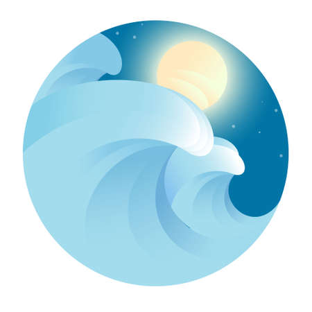 Storm, big waves at the sea and moon. sea emblem. Moonlight and sea illustration for poster and invitation card, tourism, sea travel, label or packaging decoration, web.のイラスト素材