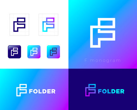 F monogram. Letter F as folded strip. abstract icon. Identity, corporate style, app button set.のイラスト素材
