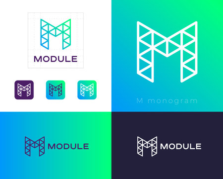 M monogram. Module badge. Letter M like construction modules. mosaic icon. Identity, corporate style, app button set.のイラスト素材