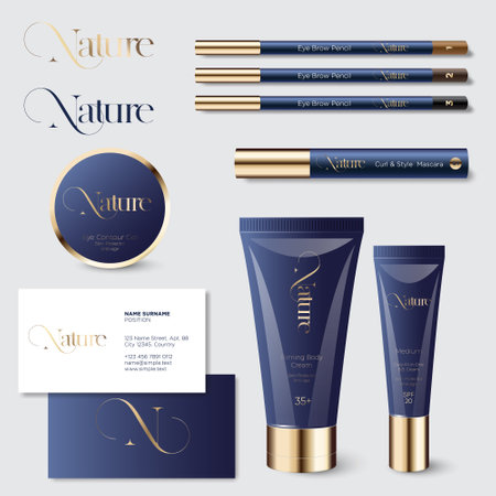 N monogram. Nature and branded mascara, tubes, eyebrow pencils, cosmetic jar.のイラスト素材