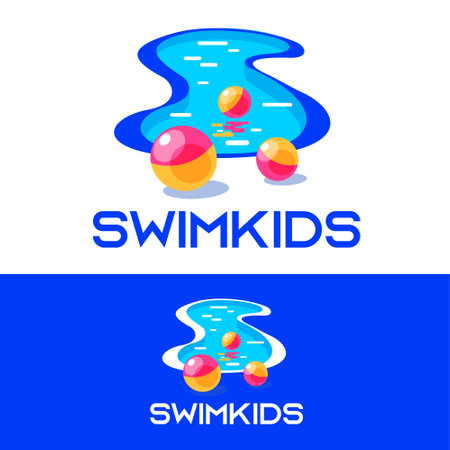 Swimming kids icon. Blue pool and color beach balls. water play emblem.のイラスト素材