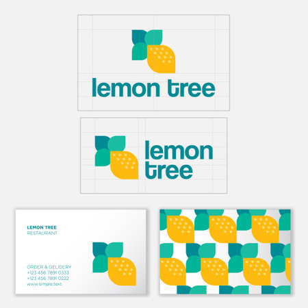 Lemon Tree . Fresh market or vegetarian restaurant emblem. Business card and seamless pattern.のイラスト素材