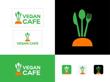 Vegan cafe or restaurant lgo. Vegetarian food. Carrot and leaves like cutlery or flatware. Fast food cafe icon.のイラスト素材