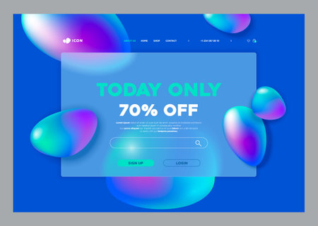 Sales Promotions or Discount content at Glass Morphism style. Translucent template for website. Frosted glass and abstract bubbles.のイラスト素材