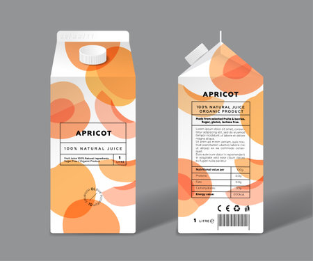 Apricot juice. Template packaging design. Whole and cut transparent fruits.のイラスト素材