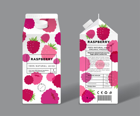 Raspberry juice. Template packaging design. Whole, halves and slices of transparent fruits.のイラスト素材