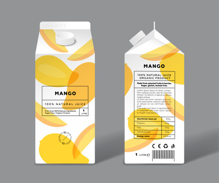 mango juice. Template packaging design. Whole and cut transparent fruits.のイラスト素材