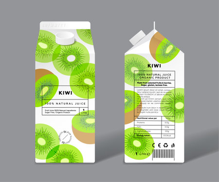Kiwi juice. Template packaging design. Halves and slices transparent fruits.のイラスト素材