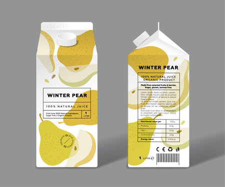 Pearl juice. Template packaging design. Whole and cut transparent fruits.のイラスト素材