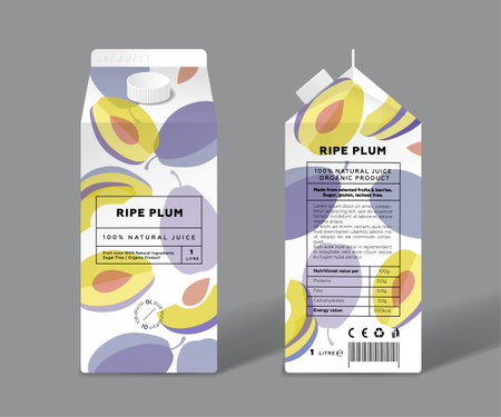 plum juice. Template packaging design. Whole and cut transparent fruits.のイラスト素材