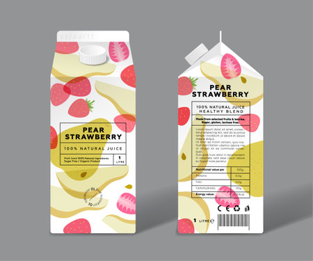 Pear and Strawberry juice. Detox, healthy mix. Template packaging design. Transparent Pear, half and slices and Red Berries.のイラスト素材