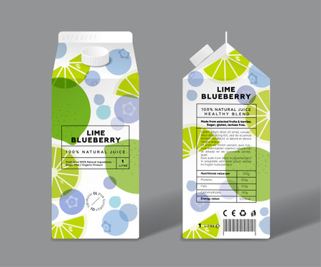Lime and Blueberry juice. Template packaging design. Transparent fruits, half, slices and blue berries.のイラスト素材