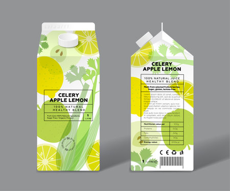Apple, Lemon and Celery juice. Detox, healthy mix. Template packaging design. Transparent fruits and herb.のイラスト素材
