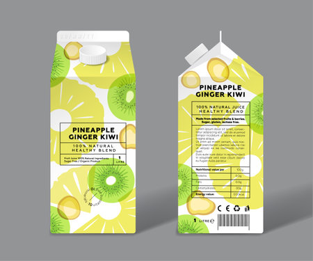Pineapple, Kiwi and Ginger juice. Detox, healthy mix. Template packaging design. Transparent fruits and slices.のイラスト素材
