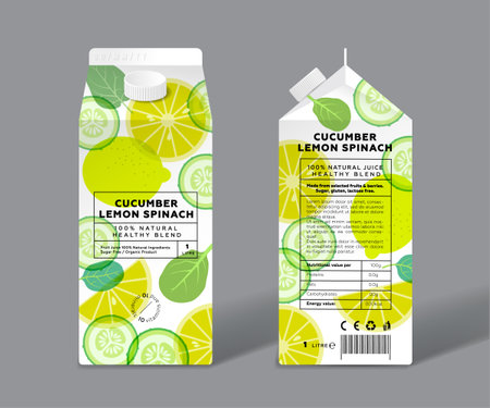 Cucumber, Lemon and Spinach detox, healthy mix. Template packaging design. Transparent fruits, vegetables and green leaves.のイラスト素材