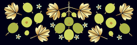 Gooseberries, gold leaves and small flowers on black background. Border or Frieze. fresh fruits.のイラスト素材