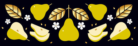 Pear, gold leaves and small flowers on black background. Border or Frieze. fresh fruits.のイラスト素材