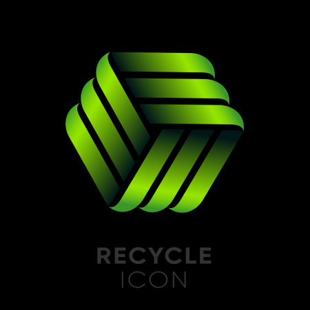 Hexagon consists of intertwined lines. Three green ribbons. Recycling emblem icon.のイラスト素材