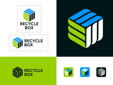Hexagon consists of some lines. Three green ribbons. Recycle box icon.のイラスト素材